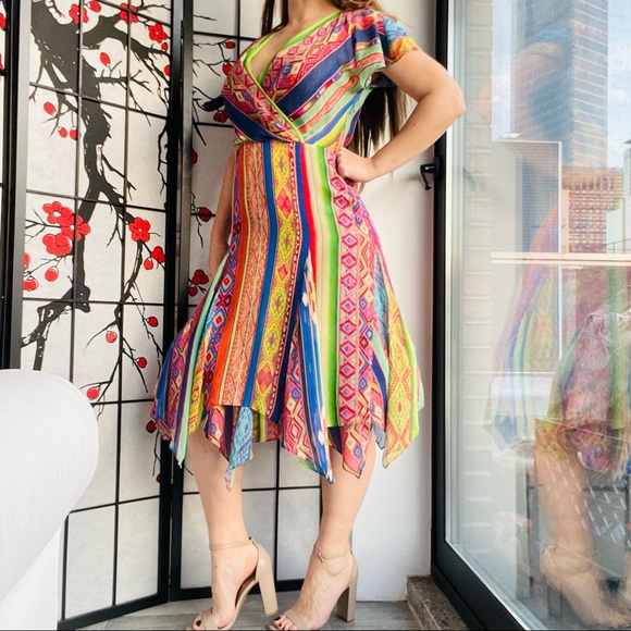 🚢Polo Ralph Lauren Multicolored Printed Silk Asymmetric Hem Detail Dress Tribal - Picture 9 of 17